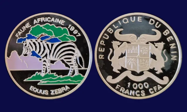 Benin – Zebra 1997 – 1000 Francs – Silber – PP – Farbmünze – coloriert