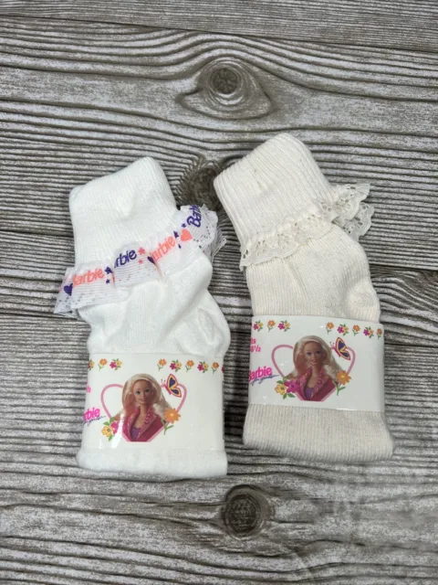 Vintage 1991 Girl’s Barbie Lace Ruffle White Socks 2-Pack Sock SZ 7-8.5 90s Y2K