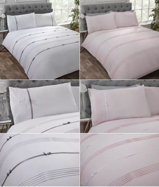 Plain Pintuck Pleated Duvet Quilt Cover Bedding Set with Ribbon & Bows