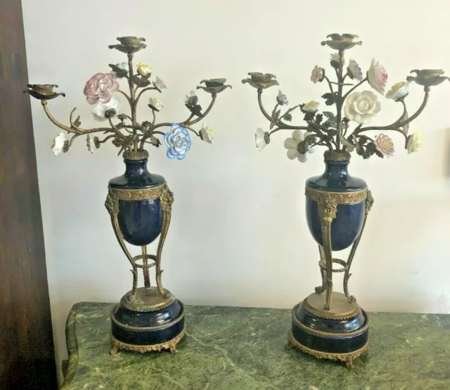 Pair Bronze candelabras  and porcelain  urn  hand made in France