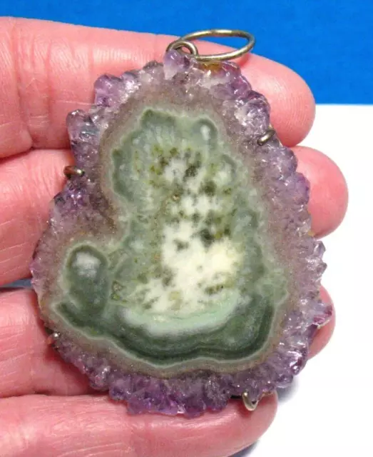 Sterling Silver Geode Slice Pendant Purple Green 1 1/2 X 2 Inches 18.2 Grams