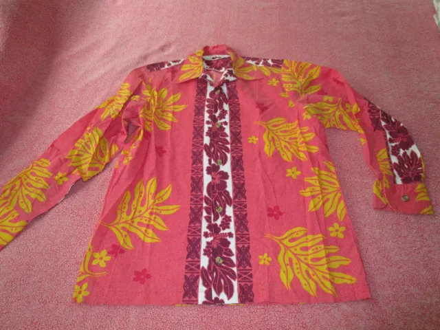 VINTAGE Pink HAWAIIAN Mens LONG SLEEVE Aloha shirt 60s 70s~Tiki Hawaii party~XL