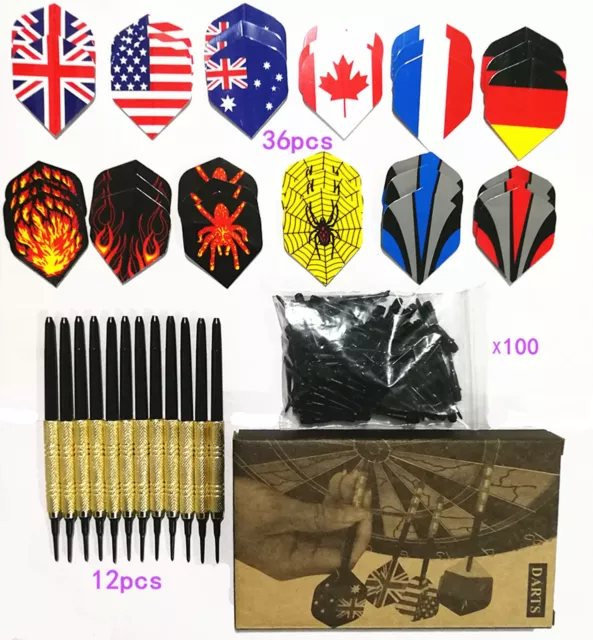 Plastic Soft Tip Darts Set 100 Extra Dart Tips 12 Aluminum Shafts 36 Flights