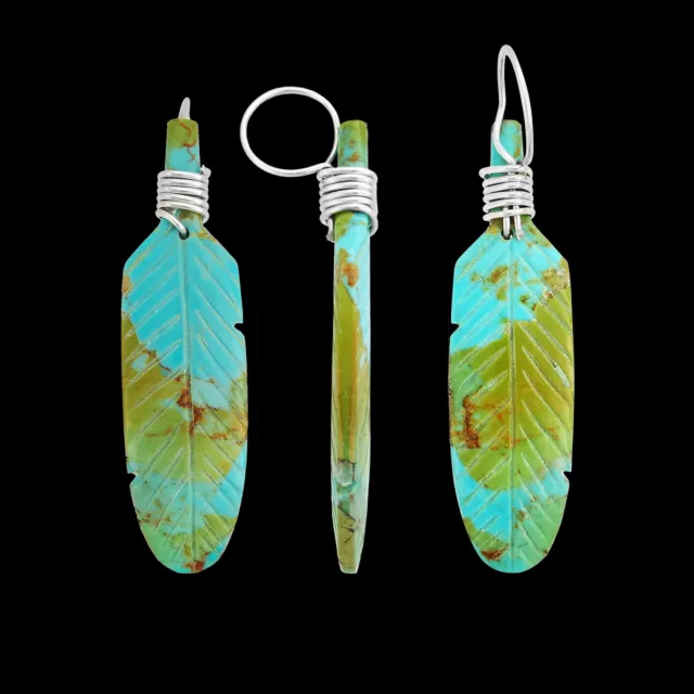 Native American Pendant, Hand Carved Turquoise Feather, 925 Silver