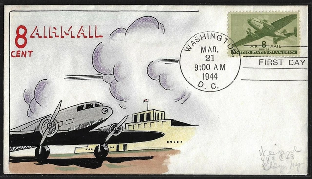 US 1944 HAND PAINTED FDC Sc C26 BY MAE WEIGAND MELLONE 25 PENCIL SIGNED & ADDRES