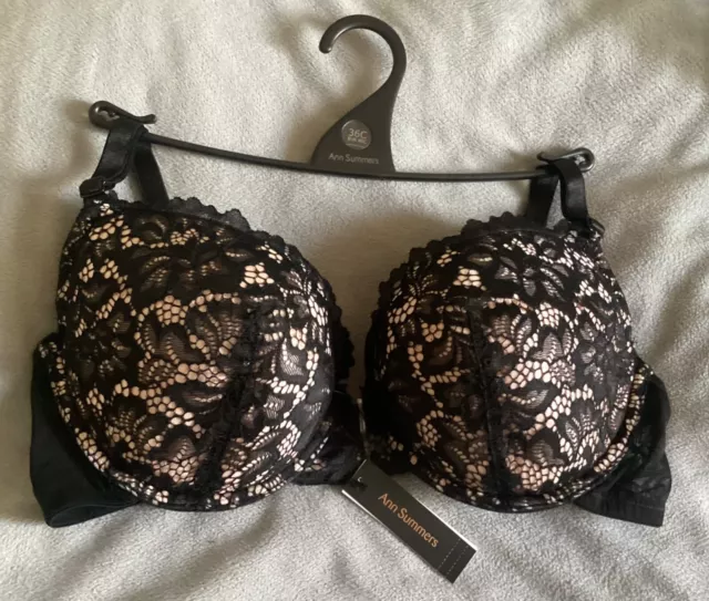 Ann Summers Nude Black Lace Padded Push Up Bra Size 32C BNWT