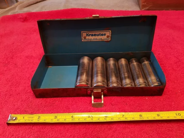 Kraeuter 1/2" Drive Deep Well Sae Socket Set In Metal Box 6 Pc 12 Pt Vtg Usa