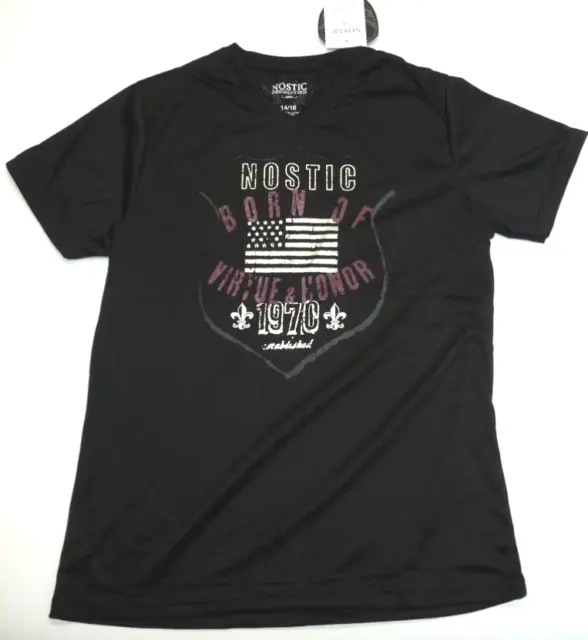 Nostic Tee Shirt Boys Size Small (8) Black V Neck Pride & Honor Silver Flag New