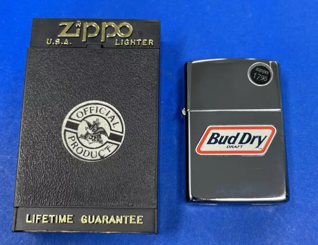 ZIPPO 1993 BUD DRY BUDWEISER BEER POLISHED CHROME LIGHTER SEALED IN BOX J69b