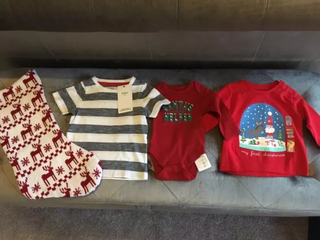 Marks & Spencer Boys Baby Grow & Top& Stocking Set -Age 0-3months Top 3-6months