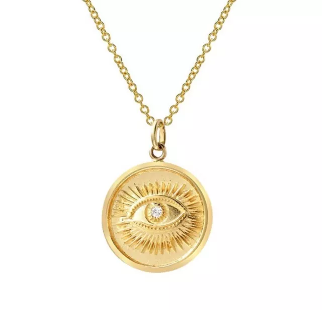 14K Gold Eye Medallion Necklace, Evil Eye Pendant, Coin Necklace, Dainty Gold