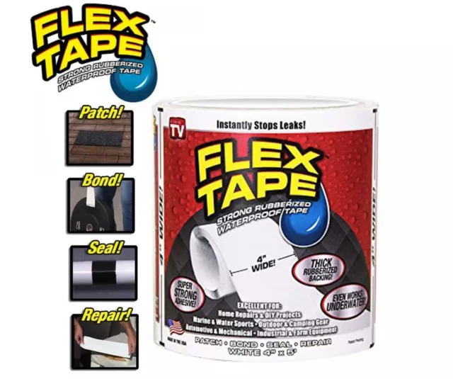 White FLEX TAPE 4" X 5'  PATCH BOND SUPER STRONG RUBBERIZED WATERPROOF SEAL