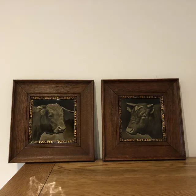 Two Antique Sepia Highland Cow Bull Painted Tile Sherwins Patent Wood Framed