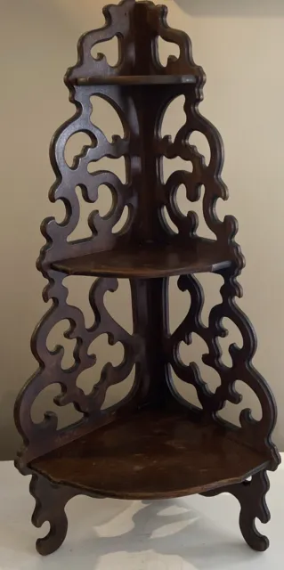 Victorian 25 Inch Tall 3 Tier Carved Knick Knack Butler Corner Wood Wall Shelf