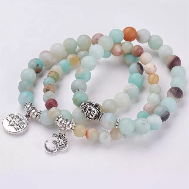 Set 3 Natural Frosted Amazonite Beaded Chakra Yoga Healing Stretch Bracelets