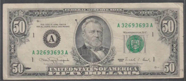1990 (A) $50 Fifty Dollar Bill Federal Reserve Note Boston Vintage Money Miscut