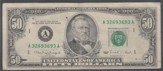 1990 (A) $50 Fifty Dollar Bill Federal Reserve Note Boston Vintage Money Miscut