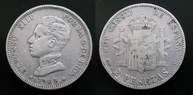 Alfonso XIII, 2 Pesetas Of 1905. Sterling Silver
