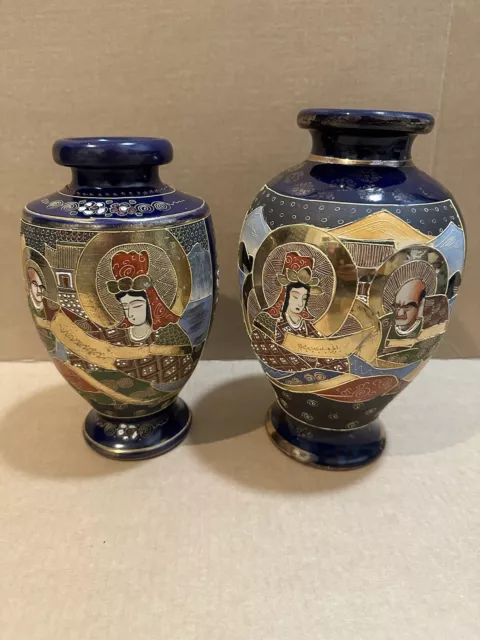 Pair of  Vintage Japanese Satsuma Vase - large hand painted vases 23cm/25cm