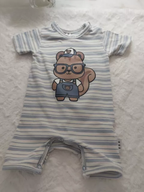 Huxbaby Super Cute Short Sleeve Romper - Blue Stripe With Character Size 0 Vgc !