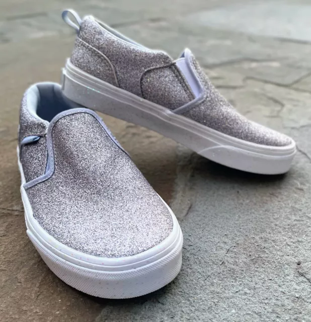 Vans Asher Sz 2 Youth Girls Glitter Silver Slip-On Low Top Skate Shoes NEW NoBox