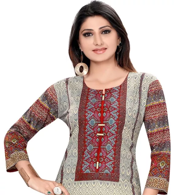 Women Ethnic Pakistani Printed Long Cotton Kurti Tunic Kurta Top Shirt 374