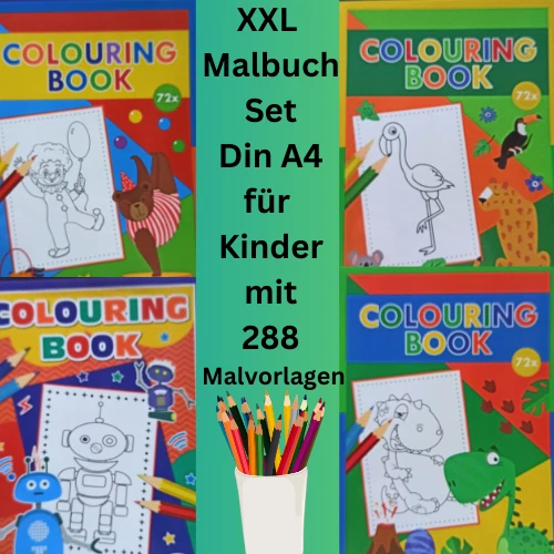 XXL Malbuch Set für Kinder Din A4 mit 288 Malvorlagen für Mädchen und Jungs