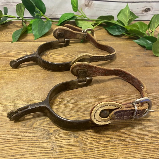 VTG Old Pair Western Cowboy Boot Metal Spurs Leather Straps Silver Buckle Horse