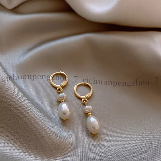 Natural White Freshwater Baroque Pearl 5-10mm Beads DangleLeverback Earrings