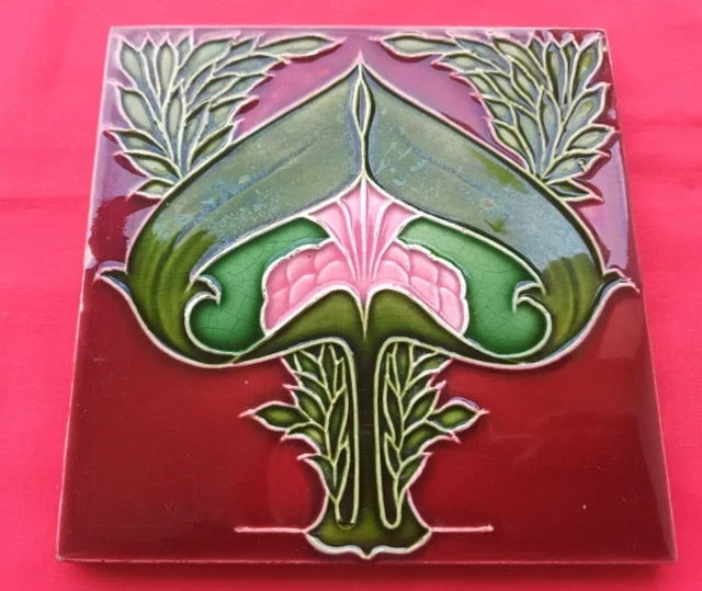 1 Piece Old Art Flower Design Embossed Majolica Ceramic Tiles England 0198 3