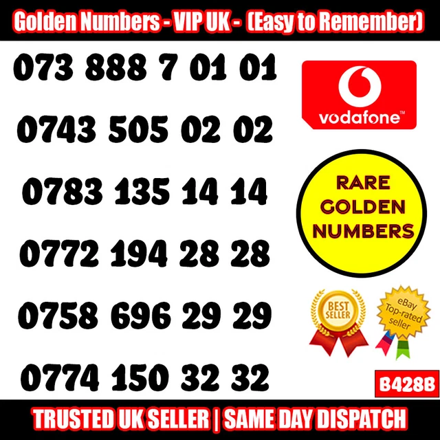Golden Numbers VIP UK SIM - Easy to Remember & Memorize Numbers LOT - B428B