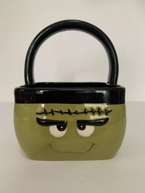 Halloween Frankenstein Green Monster Candy Treats Bowl Dish With Handle Ceramic
