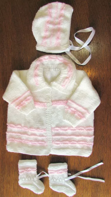 white and pink matinee set new 0 to 3 months hand knitted coat hat booties