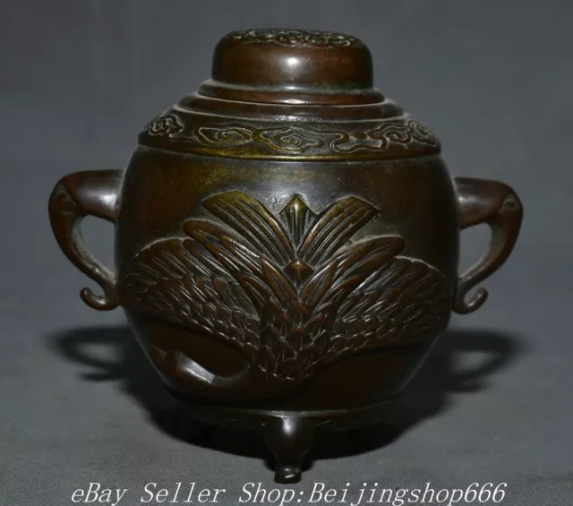 5.6" Marked Old Chinese Bronze Dynasty Elephant Ear Phoenix incense burner