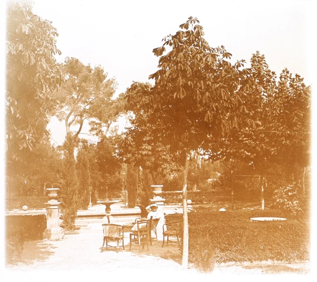 Fontaine Place Jardin c1930 Photo Plaque de verre Stereo Vintage VR16L17n11