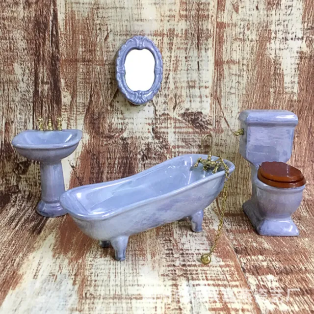 1:12 Dollhouse miniature blue porcelain bathroom set toilet basin bathtu ZT