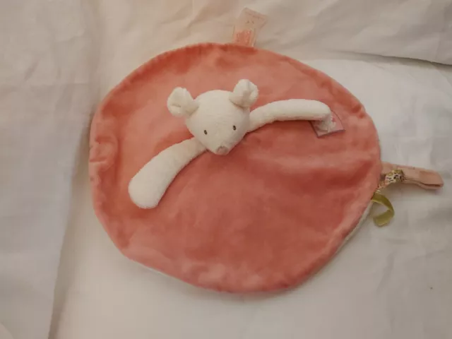 Doudou plat souris blanc rose fleurs  Myrtille et Capucine Moulin Roty tbé