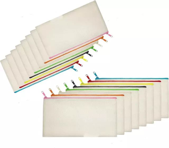 16 Pack Canvas Pencil Case, 8 Colors Zipper Blank DIY Craft Pencil Case