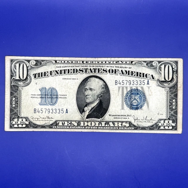 1934 D $10 Ten Dollar Silver Certificate Blue Seal Bill Note