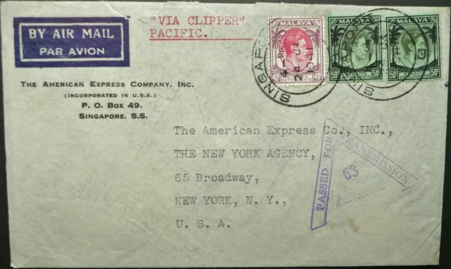 Malaya 24 Jan 1941 Wwii Censored Airmail Cover From Singapore To New York, Usa