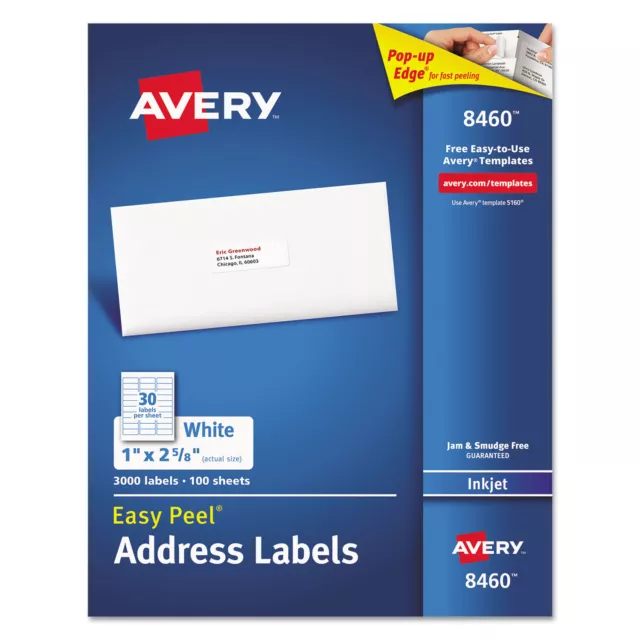 Avery Easy Peel Mailing Address Labels Inkjet 1 x 2 5/8 White 3000/Box 8460