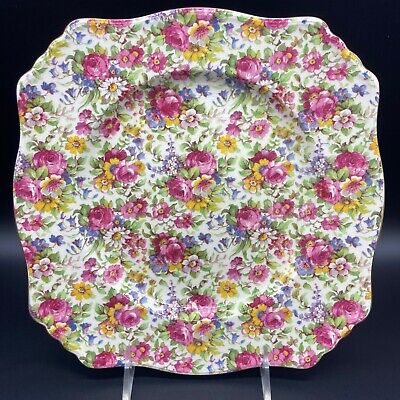1940s Royal Winton Summertime Chintz 9 3/4” Square Dinner Plate Rose Grimwades