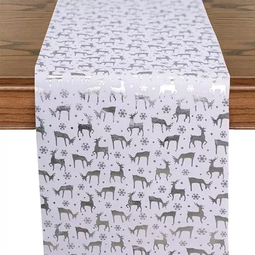 Christmas Reindeer Snowflake White Table Runner 12x72 Inches Silver Winter Ch...