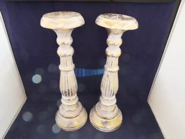 Pair of Wooden Shabby Chic Candlesticks in Gold and White.