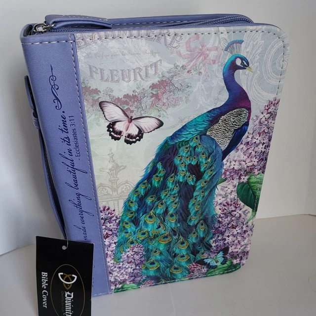 New Divinity Bible Case Holder Large Peacock Lilacs Purple Bible Cover w/Handle