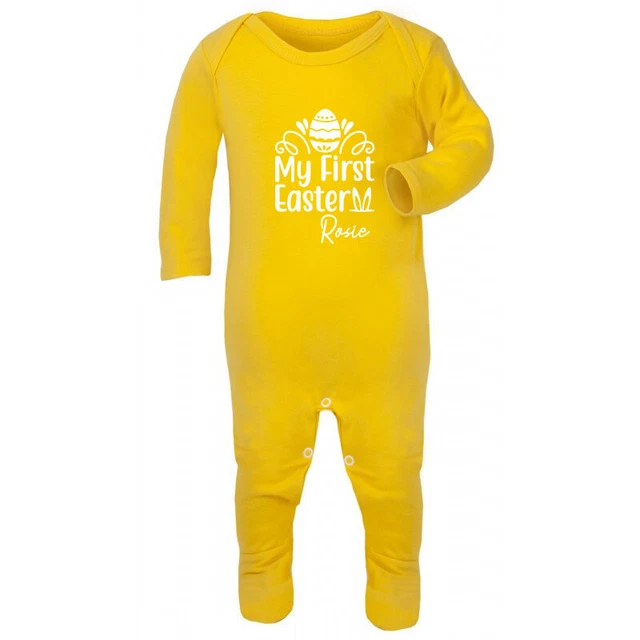 Personalised First Easter Baby Sleepsuit, Yellow Unisex Girl Boy Any Name