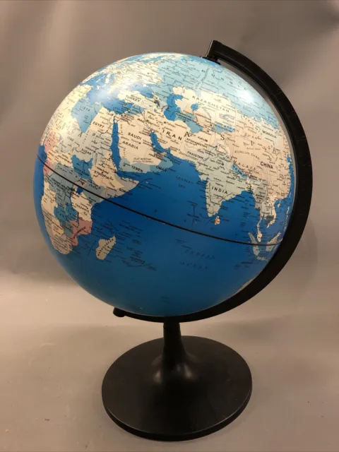 12  inch World Globe Black Plastic Base Rotates Vintage Used Blue Colourful z113