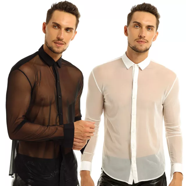 Herren Durchsichtiges Shirts Langarm Unterhemd Weich Mesh T-Shirt Tops Clubwear