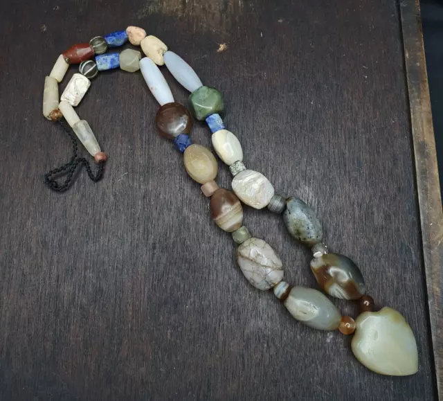 Ancient Indo Tibetan Suleimani Agate Jade Lapis Longevity Beads MALA Necklace