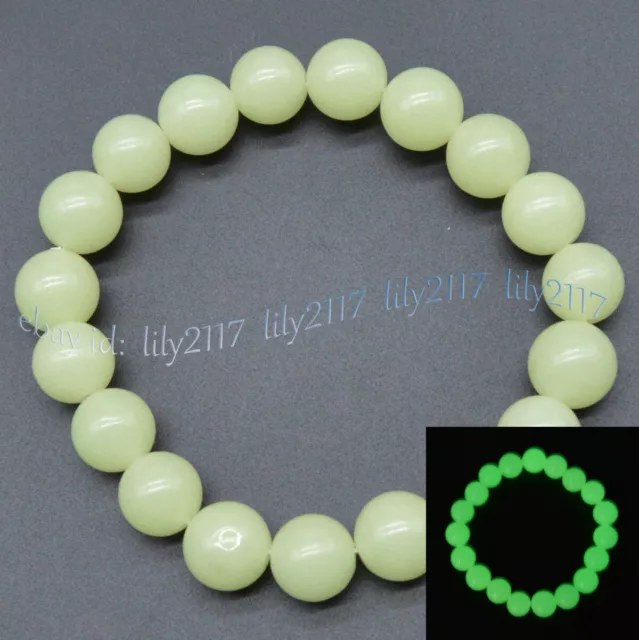 9-10mm Night Luminous Green Fluorite Gemstone Round Beads Elastic Bracelet 7.5''